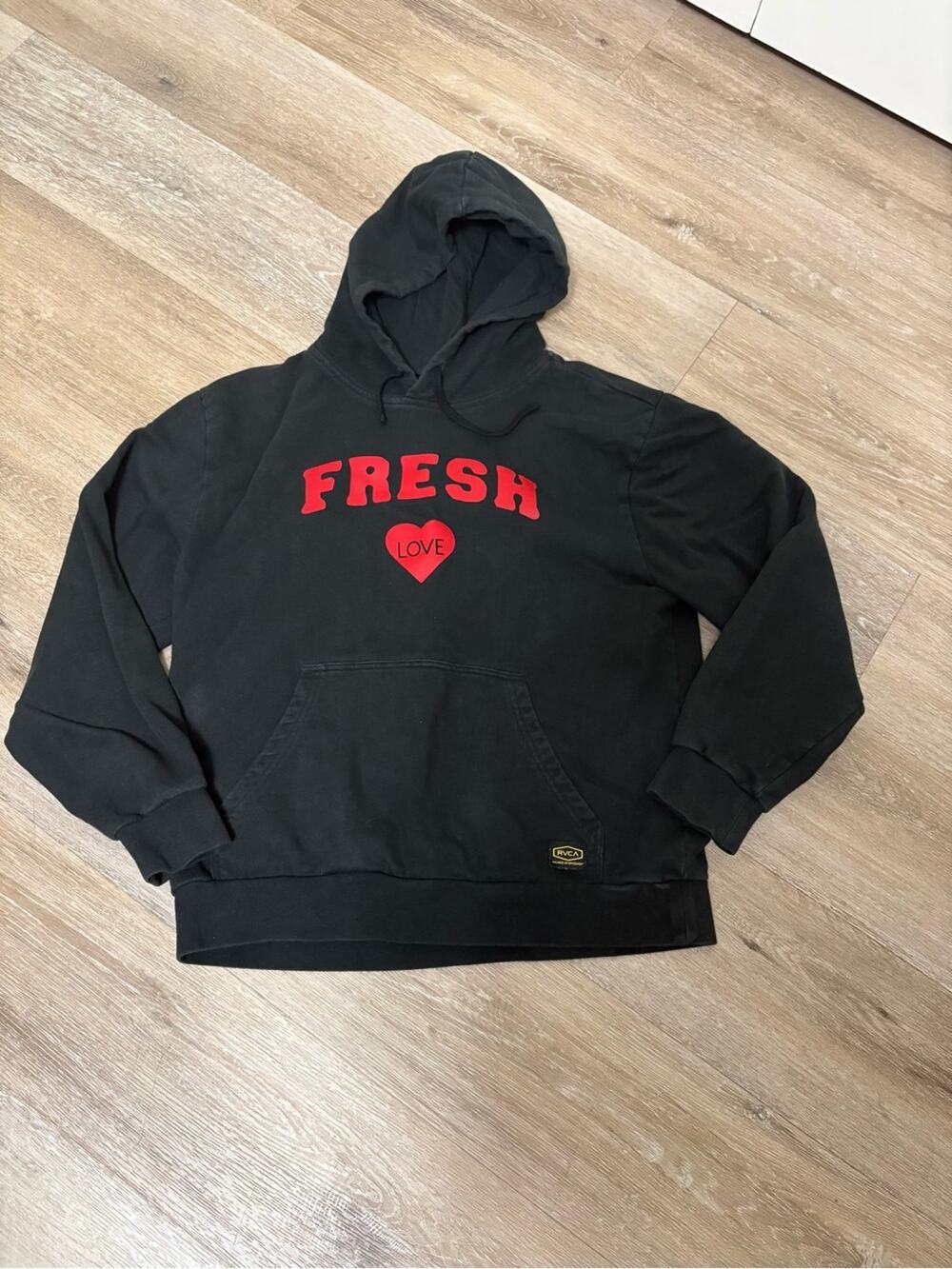 RVCA Black Hoodie with Red "FRESH" Heart Graphic Size Medium